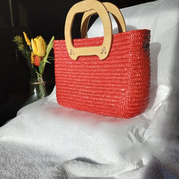 Handbags - Red Straw Bag with Light Wood Handles Colorful Fun Bright Plaid Fabric Interior